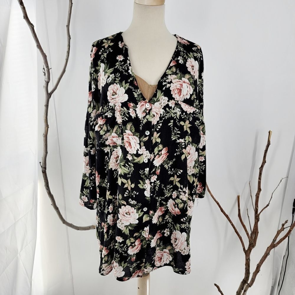Show me your mumu black floral roses button up shirt dress